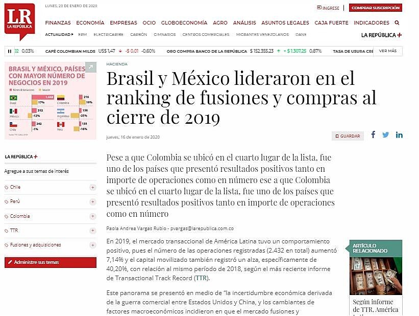 Brasil y Mxico lideraron en el ranking de fusiones y compras al cierre de 2019